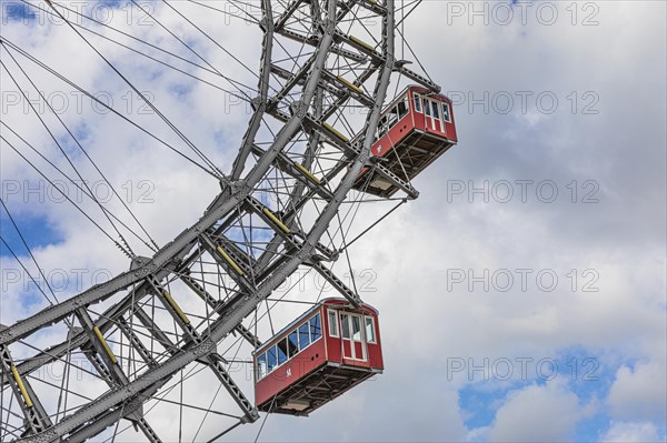 Red wagons hanging from the Vienna Giant Ferris Wheel