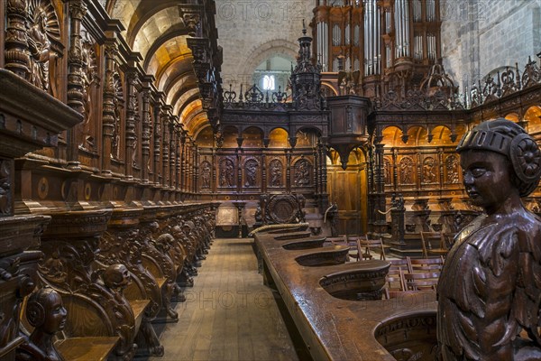 Elaborately carved wooden choir stalls in the Cathedrale Notre-Dame de Saint-Bertrand-de-Comminges cathedral