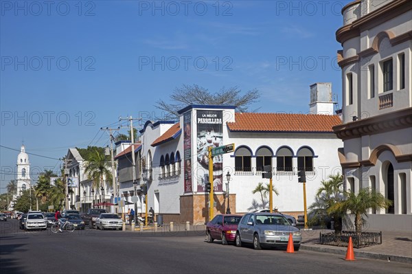 Main street and the Sacred Heart Church in the coastal city Los Mochis