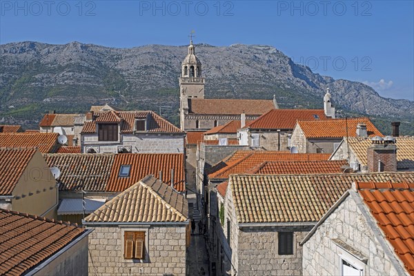 View over houses and the Cathedral of St. Mark in the Old Town Kor? ula on the island Kor? ula in the Adriatic Sea