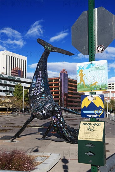 Space Whales artwork in front of City Hall