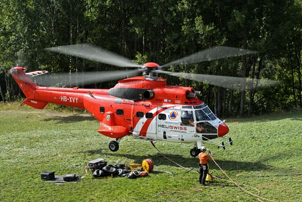 Multi-purpose transport helicopter AS 332 Super Cougar C1 HB-XVY of Heliswiss International AG takes off from a forest meadow