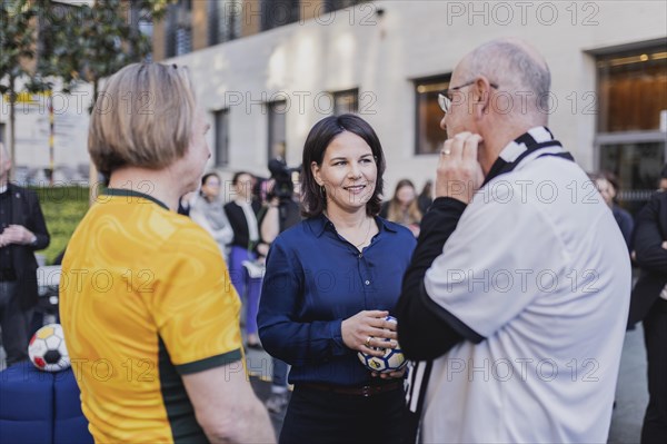 (L-R) Philip Green, Ambassador of Australia to Germany, Annalena Baerbock (Buendnis 90 Die Gruenen), Federal Minister of Foreign Affairs, and Craig John Hawke, Ambassador of New Zealand to Germany, photographed at the World Cup KickOff at the Federal Foreign Office in Berlin, 03.05.2023., Berlin, Germany, Europe