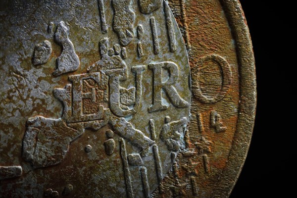 Symbol photo: Weathered euro lettering on a euro coin.Berlin