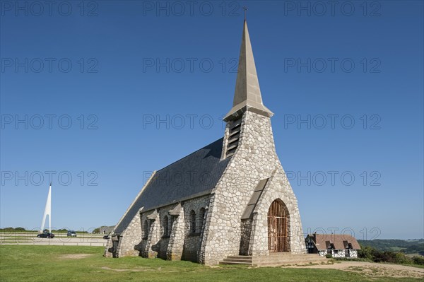 The chapel Chapelle Notre-Dame de la Garde and monument honouring the French aviators Francois Coli and Charles Nungesser at Etretat