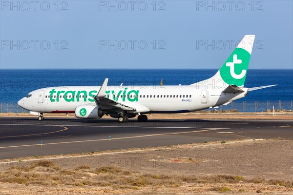 A Transavia Boeing 737-800 aircraft with registration PH-HSJ at Lanzarote Airport