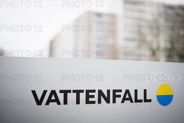 The lettering of the Vattenfall company at their site in Berlin. 04.02.2022.