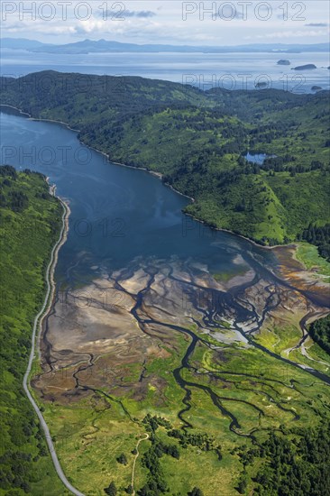 River delta on Kodiak Island with view of Shelikof Strait