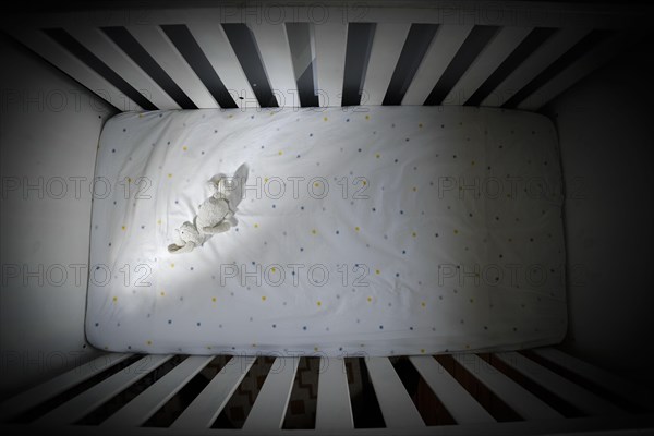 Symbolic photo on the subject of child abuse. A stuffed animal lies in an empty cot. Berlin