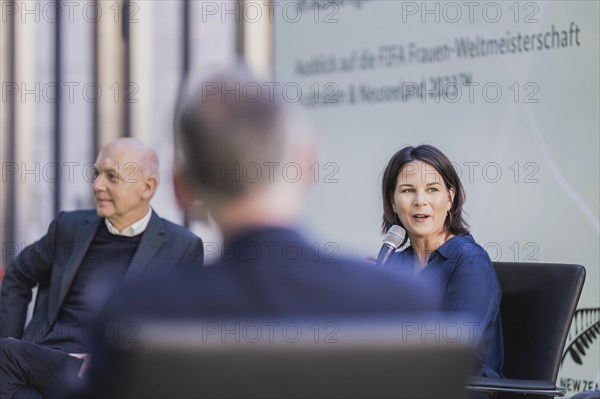 (L-R) Bernd Neuendorf, President of the German Football Association (DFB), and Annalena Baerbock (Buendnis 90 Die Gruenen), Federal Minister of Foreign Affairs, at the World Cup KickOff at the Federal Foreign Office in Berlin, 03.05.2023., Berlin, Germany, Europe