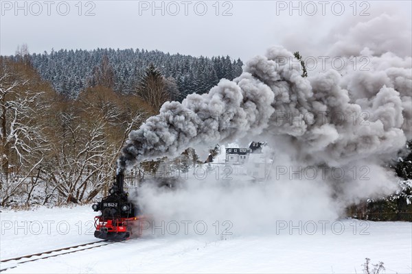 Pressnitztalbahn railway steam train Steam locomotive in winter in Schmalzgrube
