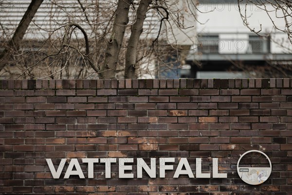 The lettering of the Vattenfall company at their site in Berlin. 04.02.2022.