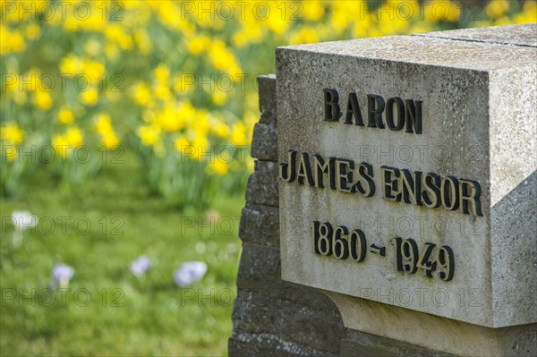 Tombstone of the painter James Ensor at the graveyard of the church Onze-Lieve-Vrouw-ter-Duinen