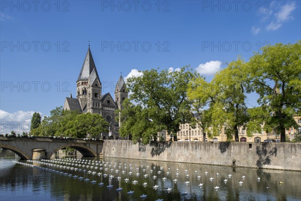 Temple neuf and modern artwork Voyage on the Moselle river during Festival Constellations in the city Metz