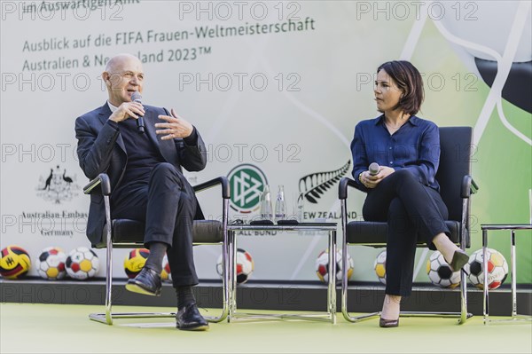 (L-R) Bernd Neuendorf, President of the German Football Association (DFB), and Annalena Baerbock (Buendnis 90 Die Gruenen), Federal Minister of Foreign Affairs, photographed at the World Cup KickOff at the Foreign Office in Berlin, 03.05.2023., Berlin, Germany, Europe