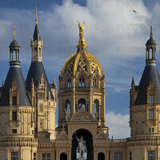 Facade with Archangel Michael and equestrian statue of Prince Niklot