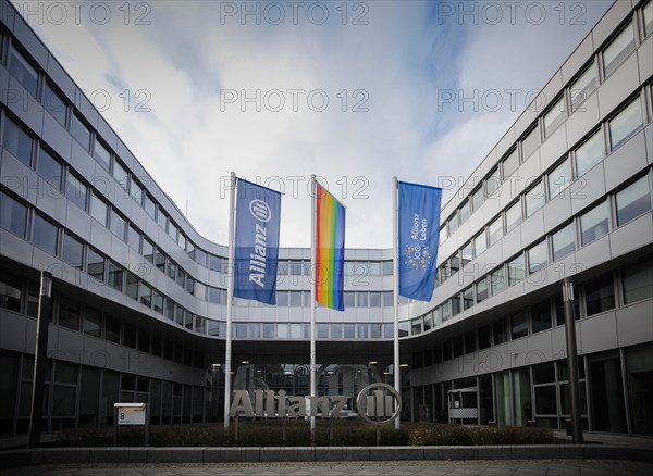 Flags of Allianz stand in front of their location in Berlin. 04.02.2022.