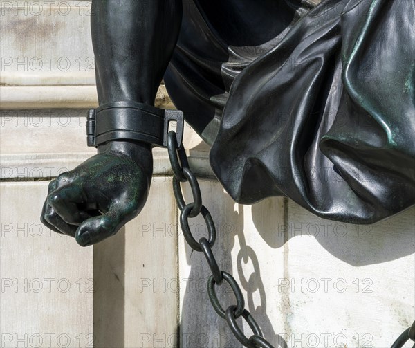 Detail photo of the chained warriors at the base of the equestrian statue of Frederick William of Brandenburg