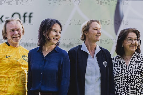 (L-R) Philip Green, Ambassador of Australia to Germany, Annalena Baerbock (Buendnis 90 Die Gruenen), Federal Minister of Foreign Affairs, Martina Voss-Tecklenburg, National Coach of the Women's National Football Team, and Heike Ullrich, Secretary General of the DFB, photographed at the World Cup KickOff at the Federal Foreign Office in Berlin, 03.05.2023., Berlin, Germany, Europe
