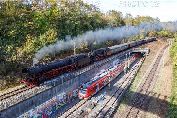 Steam Train Railway Train and S-Bahn on the Gaeubahn in Stuttgart