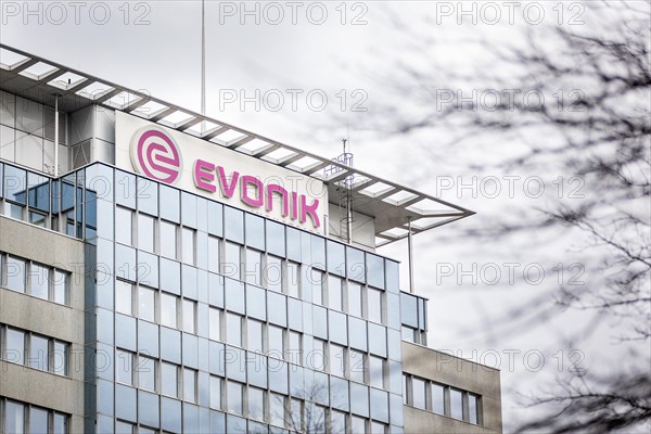 A sign of the evonik company at their headquarters in Essen