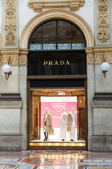 Shop window of the luxury shop PRADA in the Galleria Vittorio Emanuele II