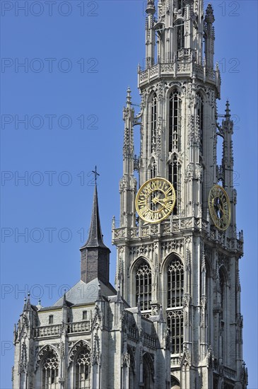 Tower of the Gothic Roman Catholic Cathedral of Our Lady in Antwerp showing flying buttresses and flamboyant tracery