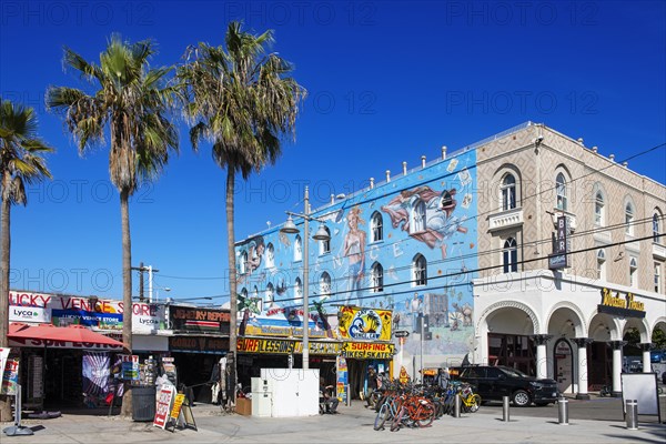 Facade of a backpacker hotel with Botticelli's Venus on roller skates