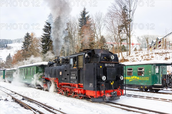 Fichtelbergbahn Railway steam train in winter in Oberwiesenthal