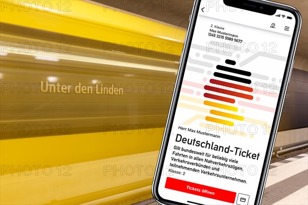 Germany ticket D-ticket or 49 euro ticket on a mobile phone with metro underground photo montage in Berlin