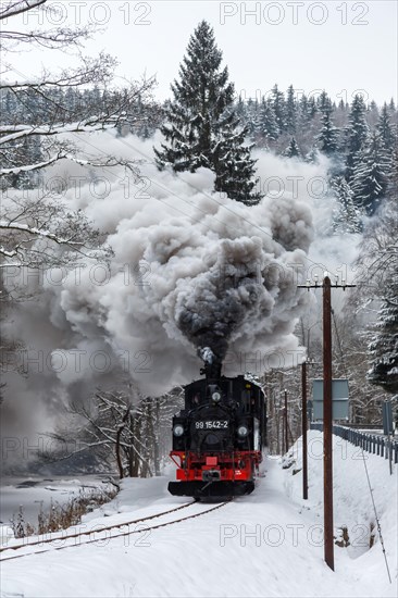 Pressnitztalbahn railway steam train Steam locomotive in winter in Joehstadt