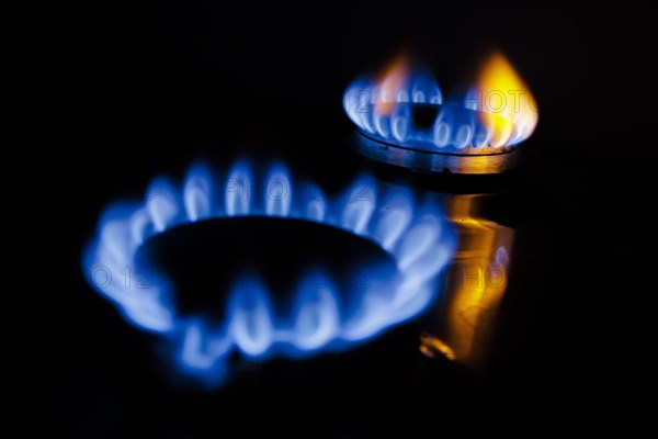 Symbolic photo on the subject of rising costs for gas. Flames in a gas cooker. Berlin