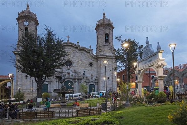 Cathedral Basilica of Our Lady of Peace in Neoclassical style at the plaza 10 de Noviembre at dusk in the city Potosi