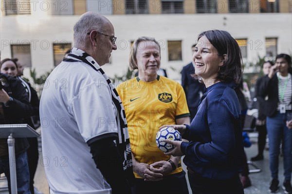 (R-L) Annalena Baerbock (Buendnis 90 Die Gruenen), Federal Minister for Foreign Affairs, Philip Green, Ambassador of Australia to Germany, and Craig John Hawke, Ambassador of New Zealand to Germany, photographed at the World Cup KickOff at the Federal Foreign Office in Berlin, 03.05.2023., Berlin, Germany, Europe