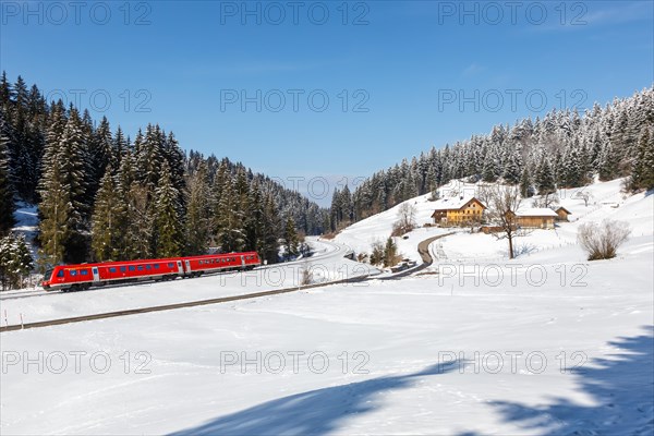 Regional train of Deutsche Bahn DB Bombardier Transportation RegioSwinger tilting technology in Allgaeu Bavaria in Oberstaufen