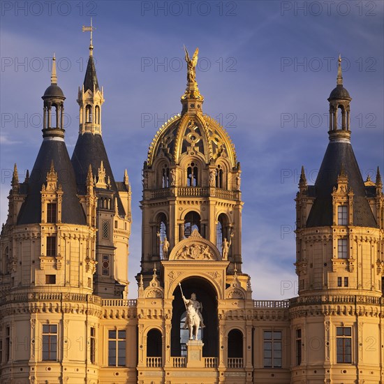 Facade with Archangel Michael and equestrian statue of Prince Niklot