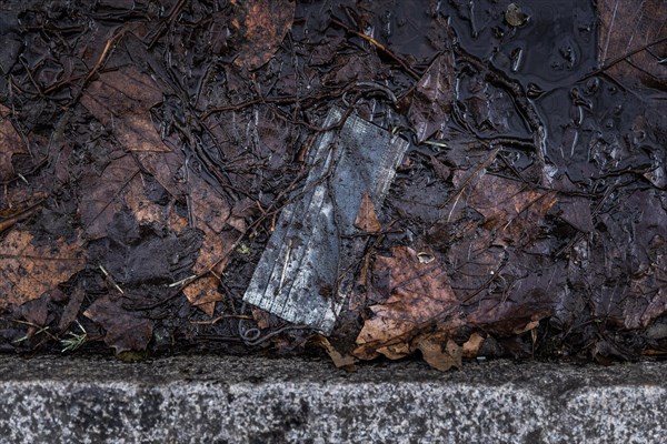 A mouth-nose protection lies in a puddle in Berlin