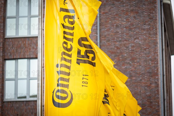 Flags of the company Continental in front of their headquarters in Hanover