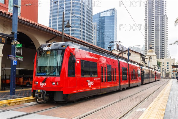 San Diego Trolley Tram light rail transit at Santa Fe Depot station in San Diego