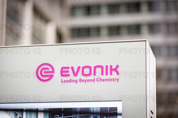 A sign of the evonik company at their headquarters in Essen