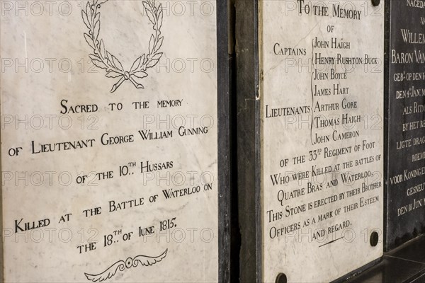 Memorial plaques to commemorate British officers who fell during the Battle of Waterloo in the Saint Joseph's church