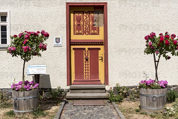 Historical wooden door with painted carvings