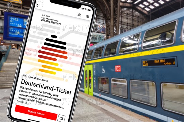 Germany ticket D-ticket or 49 euro ticket on a mobile phone with regional train Regional train photo montage in Hamburg