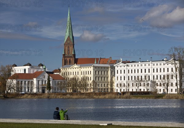 View of Schwerin Cathedral St. Marien and St. Johannis from the Floating Meadow