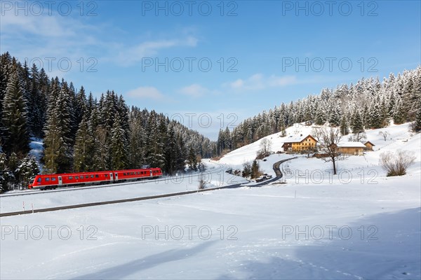 Regional train of Deutsche Bahn DB Bombardier Transportation RegioSwinger tilting technology in Allgaeu Bavaria in Oberstaufen