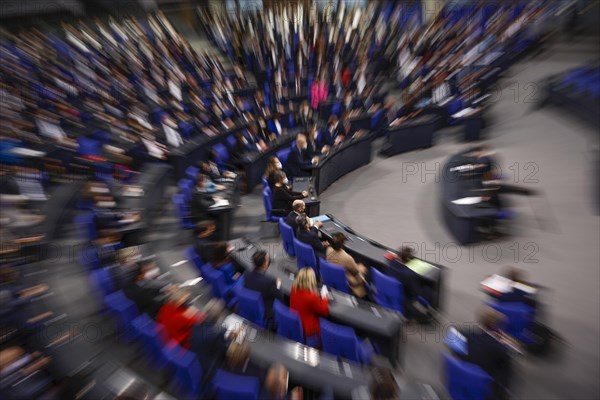 View into the packed Bundestag swearing-in ceremony of the new federal government in Berlin