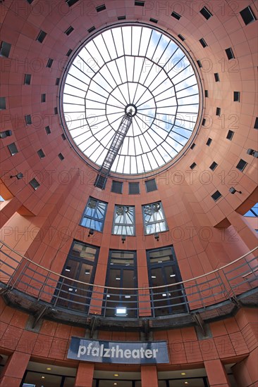 View up to the glass window in the vestibule of the modern Pfalztheater