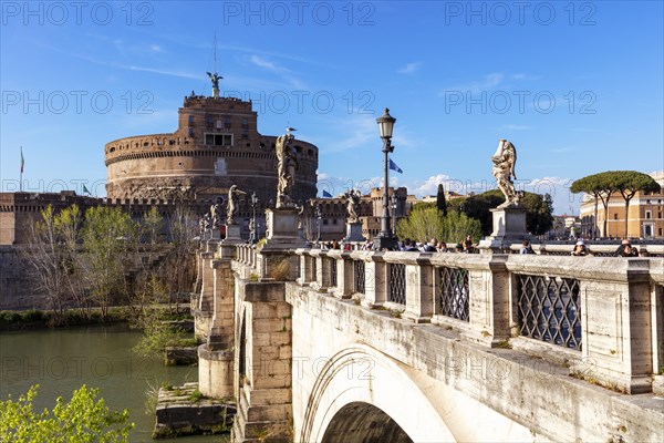 Tourists on Castel Sant'Angelo and Aelius Bridge over the Tiber