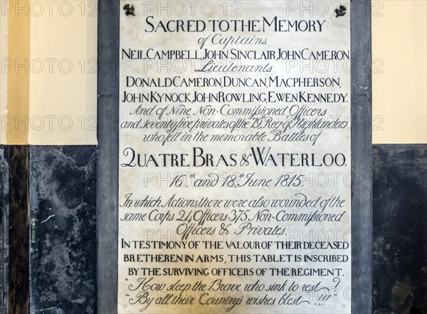 Memorial tablet to commemorate British soldiers who fell during the Battle of Waterloo in the Saint Joseph's church