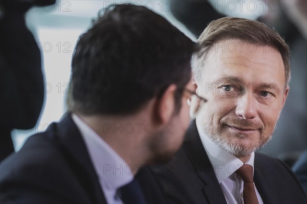 (L-R) Marco Buschmann (FDP), Federal Minister of Justice, and Christian Lindner (FDP), Federal Minister of Finance, recorded during the weekly meeting of the Cabinet in Berlin, 03.05.2023., Berlin, Germany, Europe